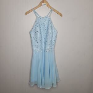 Vnaix Dress Jeweled Crochet Bodice Chiffon Size 12 Blue Open Back Event Evening
